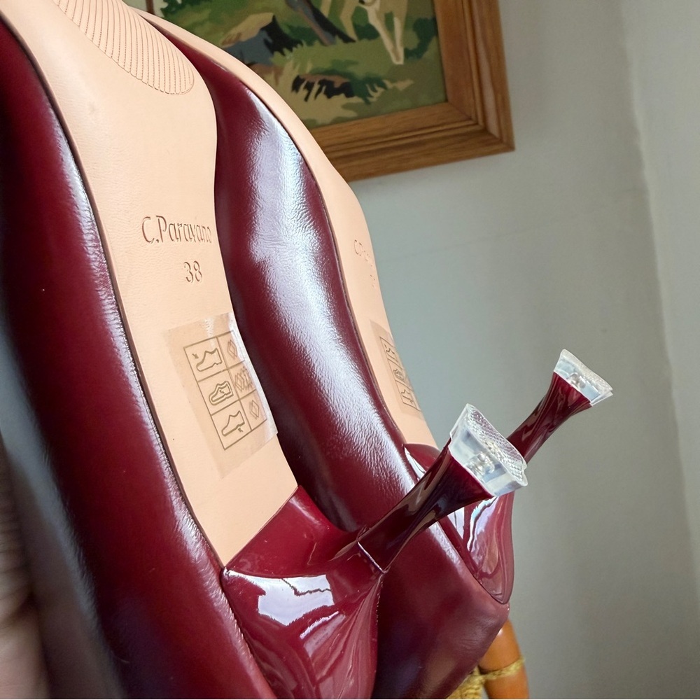 C.Paravano Red Burgundy Gold Buckle Kitten Heels Metal Tie Pumps Olivia NEW 7.5 - Picture 10 of 16